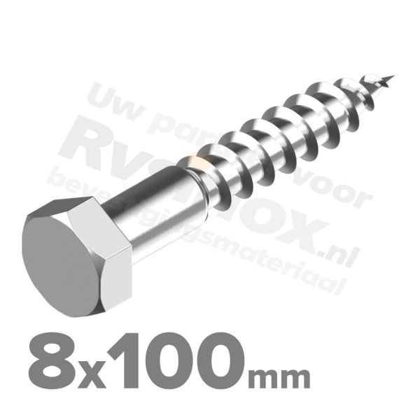 Houtdraadbout 8x100mm DIN 571 A2 ( RVS )