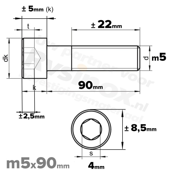 RVS Inbusbout M5x90 DIN 912 A2 | Cilinderschroef ISO 4762