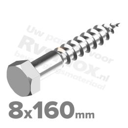 Houtdraadbout 8x160mm DIN 571 A2 ( RVS )