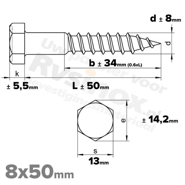 Houtdraadbout 8x50mm DIN 571 A2 ( RVS )