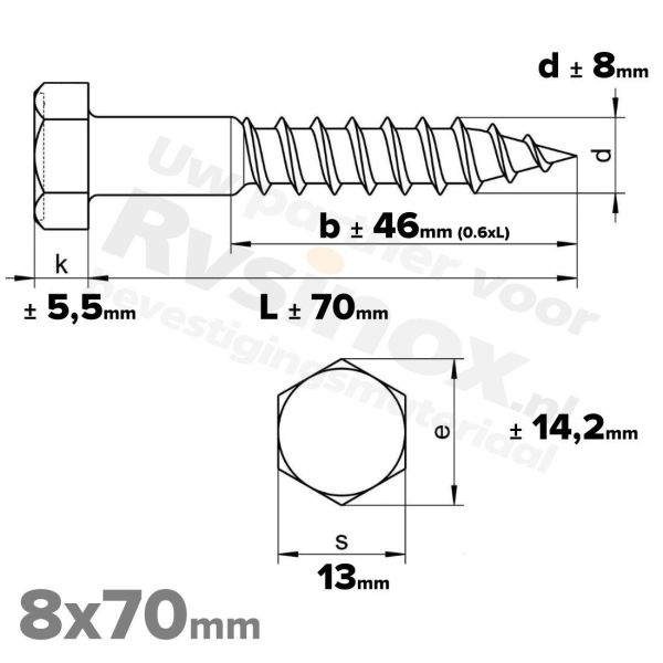 Houtdraadbout 8x70mm DIN 571 A2 ( RVS )