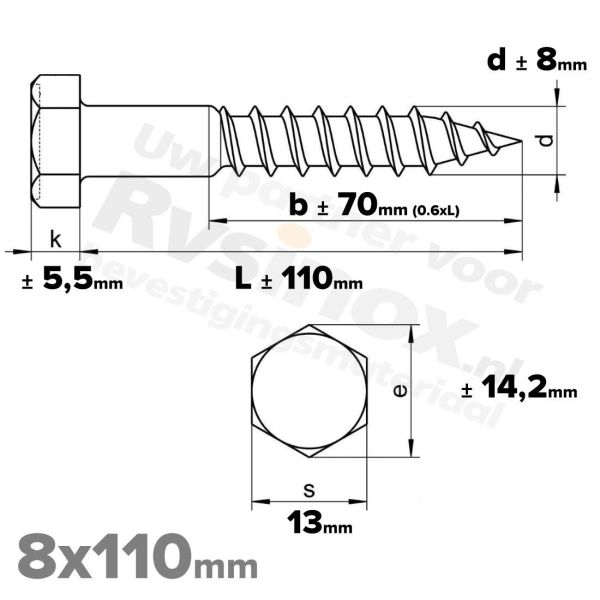 Houtdraadbout 8x110mm DIN 571 A2 ( RVS )