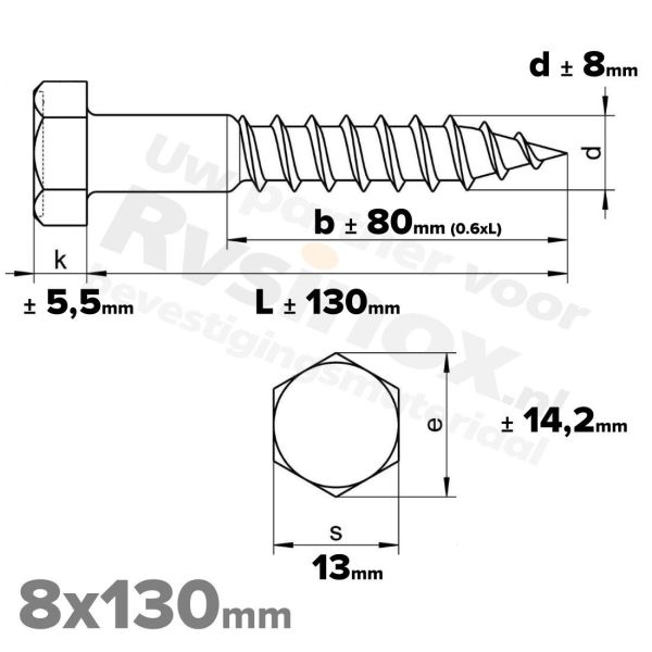 Houtdraadbout 8x130mm DIN 571 A2 ( RVS )