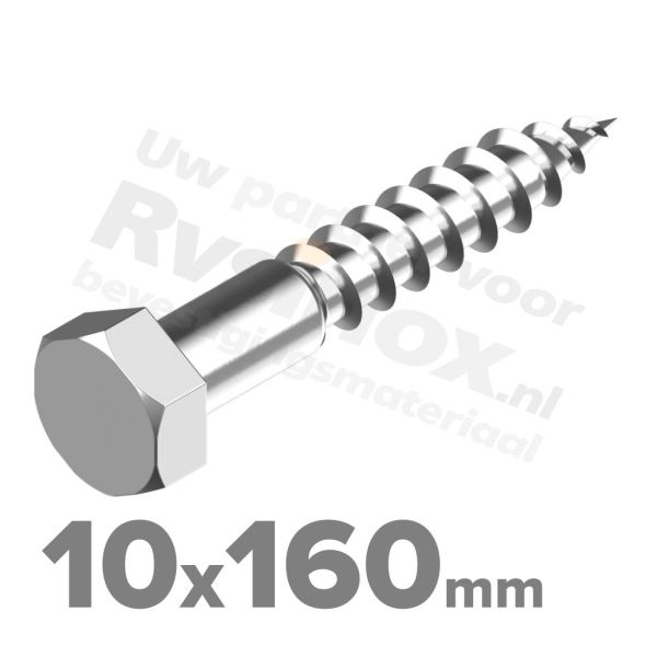 Houtdraadbout 10x160mm DIN 571 A2 ( RVS )