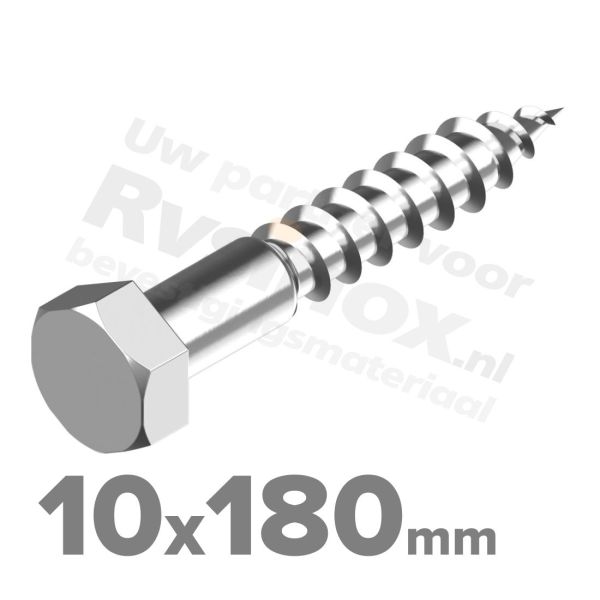 Houtdraadbout 10x180mm DIN 571 A2 ( RVS )