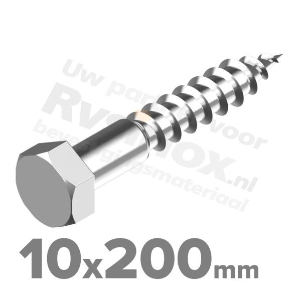 Houtdraadbout 10x200mm DIN 571 A2 ( RVS )