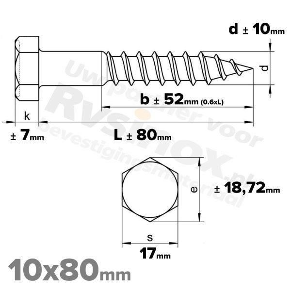 Houtdraadbout 10x80mm DIN 571 A2 ( RVS )