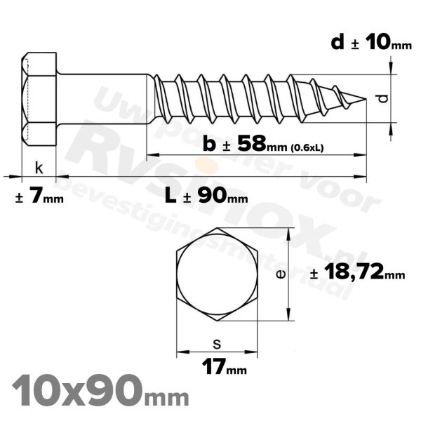 Houtdraadbout 10x90mm DIN 571 A2 ( RVS )