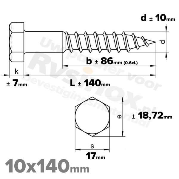 Houtdraadbout 10x140mm DIN 571 A2 ( RVS )