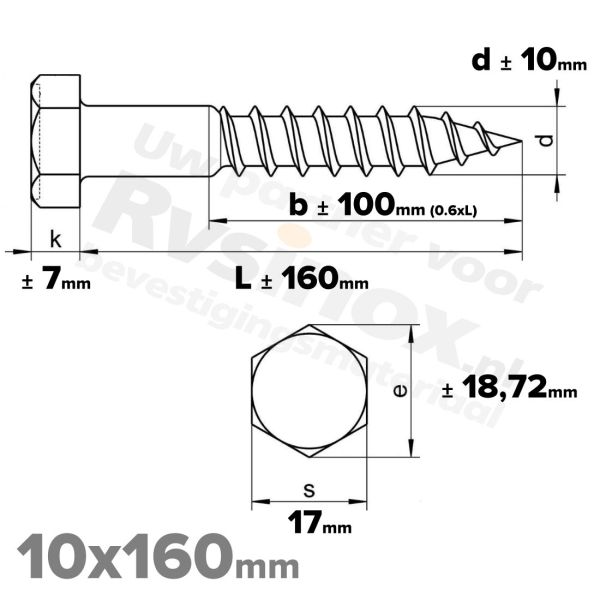 Houtdraadbout 10x160mm DIN 571 A2 ( RVS )