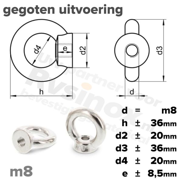 Oogmoer M8 art. 582 RVS A2 | rvsinox.nl
