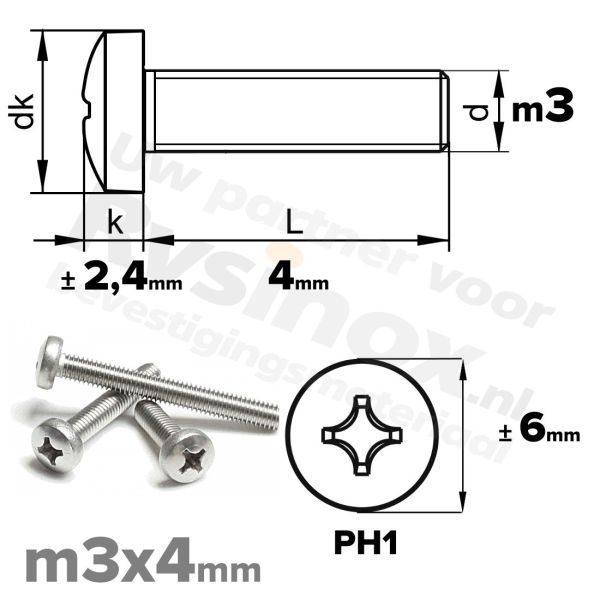 RVS bolcilinderschroef M3x4mm DIN 7985-H A2 | Rvsinox.nl