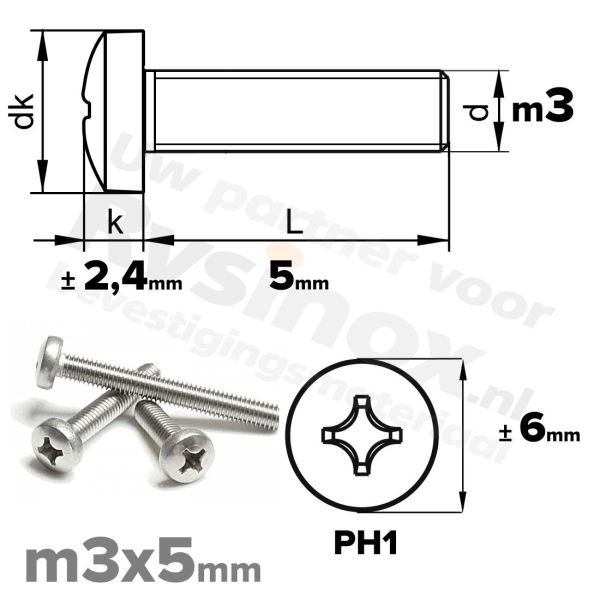 RVS bolcilinderschroef M3x5mm DIN 7985-H A2 | Rvsinox.nl