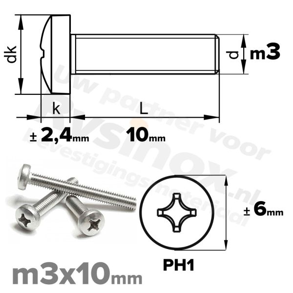 RVS bolcilinderschroef M3x10mm DIN 7985-H A2 | Rvsinox.nl