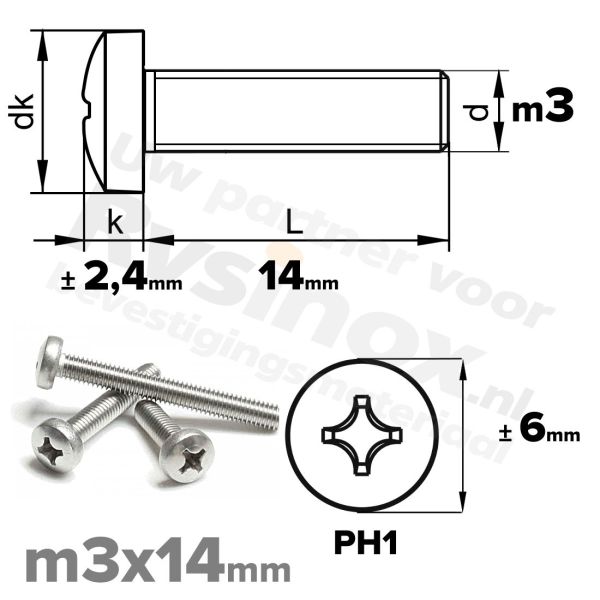 RVS bolcilinderschroef M3x14mm DIN 7985-H A2 | Rvsinox.nl