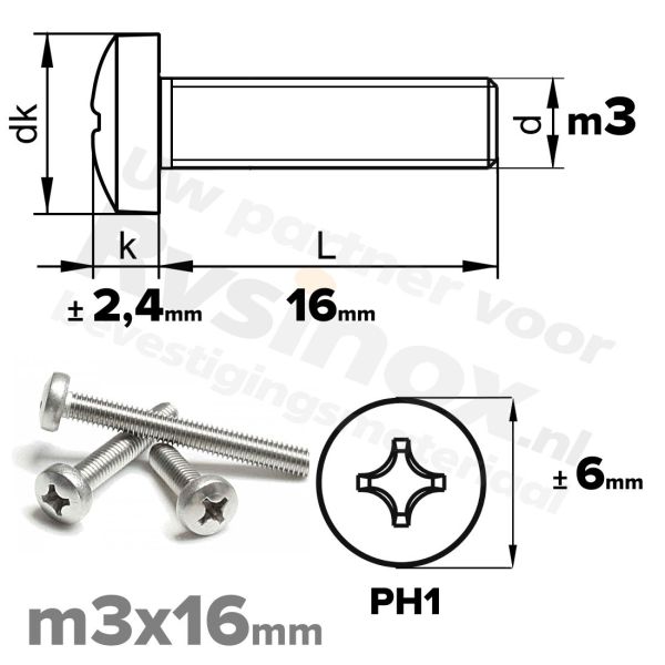 RVS bolcilinderschroef M3x16mm DIN 7985-H A2 | Rvsinox.nl