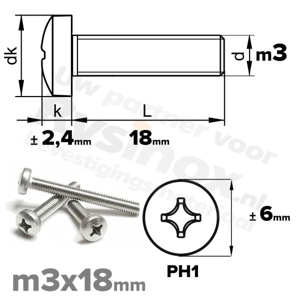 RVS bolcilinderschroef M3x18mm DIN 7985-H A2 | Rvsinox.nl