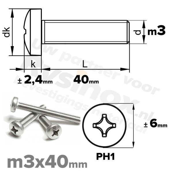 RVS bolcilinderschroef M3x40mm DIN 7985-H A2 | Rvsinox.nl