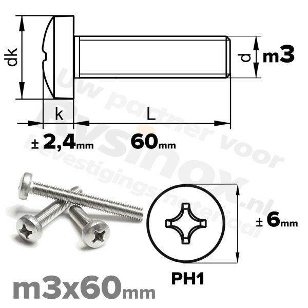 RVS bolcilinderschroef M3x60mm DIN 7985-H A2 | Rvsinox.nl