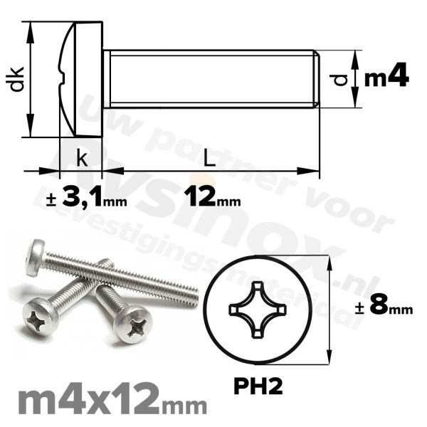 RVS bolcilinderschroef M4x12mm DIN 7985-H A2 | Rvsinox.nl