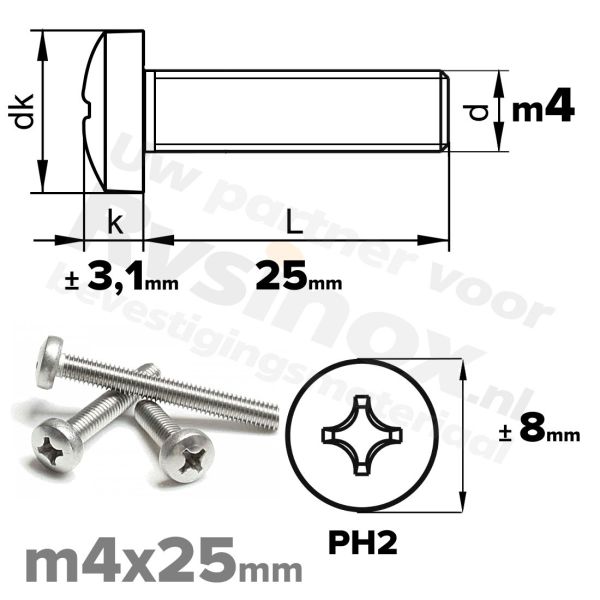 RVS bolcilinderschroef M4x25mm DIN 7985-H A2 | Rvsinox.nl
