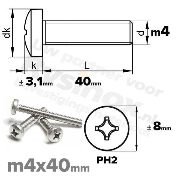 RVS bolcilinderschroef M4x40mm DIN 7985-H A2 | Rvsinox.nl