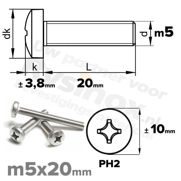 RVS bolcilinderschroef M5x20mm DIN 7985-H A2 | Rvsinox.nl