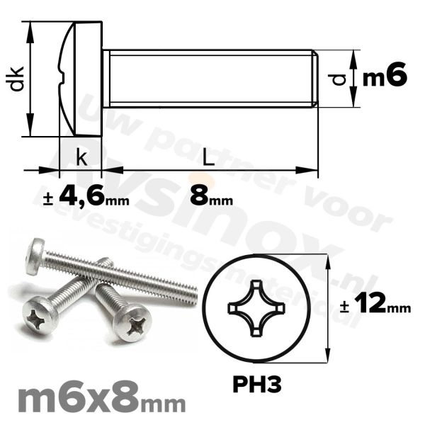RVS bolcilinderschroef M6x8mm DIN 7985-H A2 | Rvsinox.nl