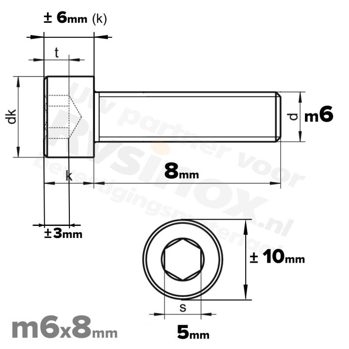 Inbusbout M6x8 DIN 912 / ISO 4762 - RVS A2 (Inox)