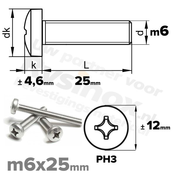 RVS bolcilinderschroef M6x25mm DIN 7985-H A2 | Rvsinox.nl