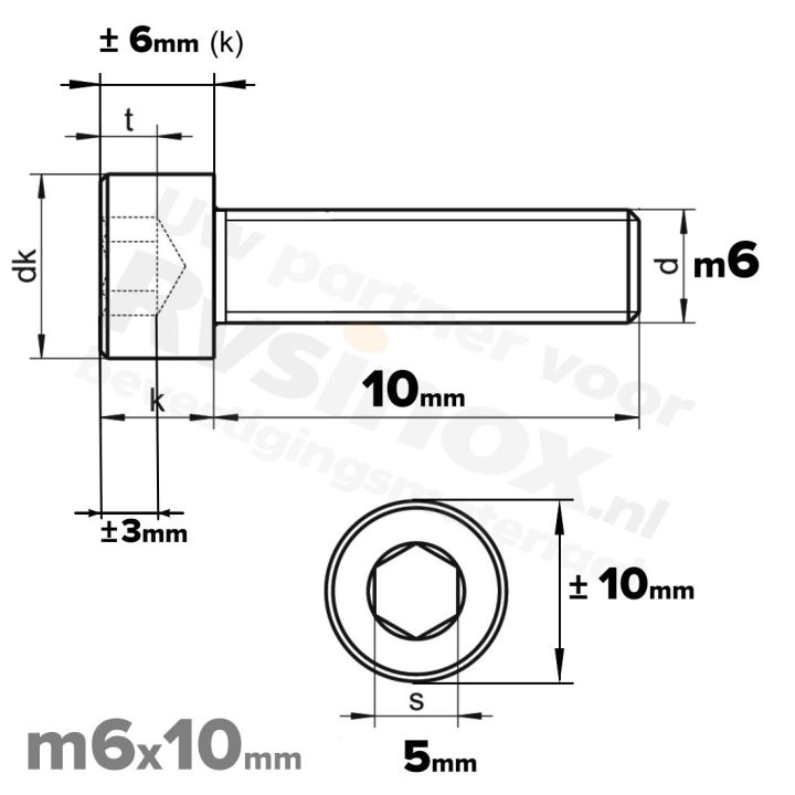 RVS Inbusbout M6x10 DIN 912 A2 | Cilinderschroef ISO 4762