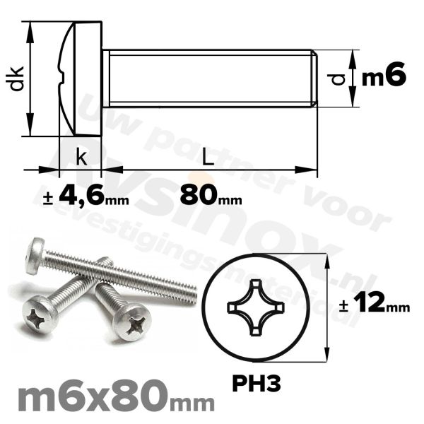RVS bolcilinderschroef M6x80mm DIN 7985-H A2 | Rvsinox.nl