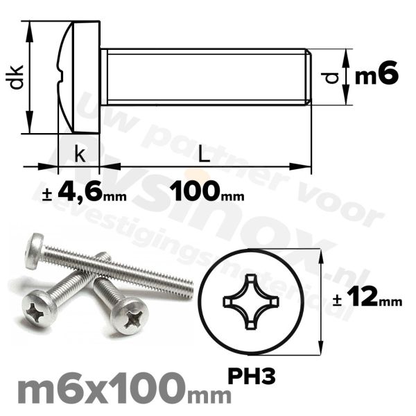 RVS bolcilinderschroef M6x100mm DIN 7985-H A2 | Rvsinox.nl