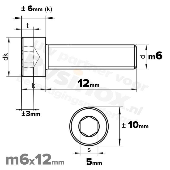 RVS Inbusbout M6x12 DIN 912 A2 | Cilinderschroef ISO 4762