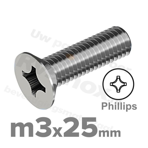 RVS verzonken schroef M3x25mm DIN 965 H A2 | Rvsinox.nl