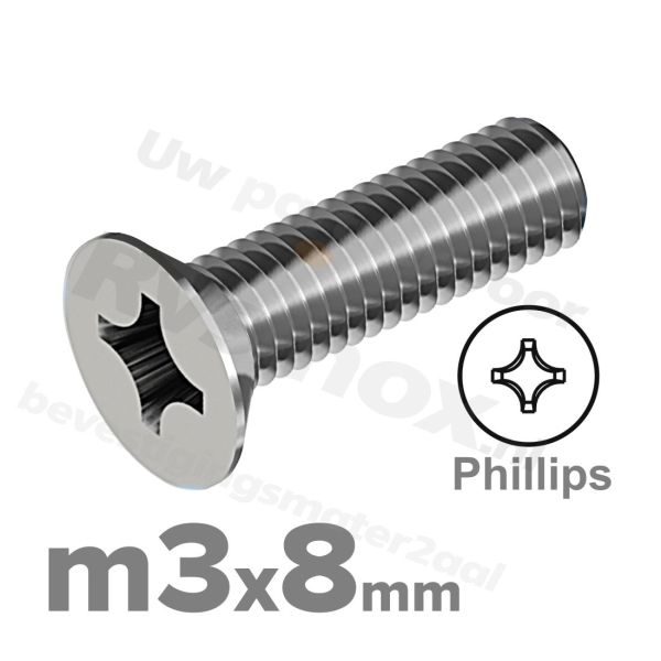 RVS verzonken schroef M3x8mm DIN 965 H A2 | Rvsinox.nl