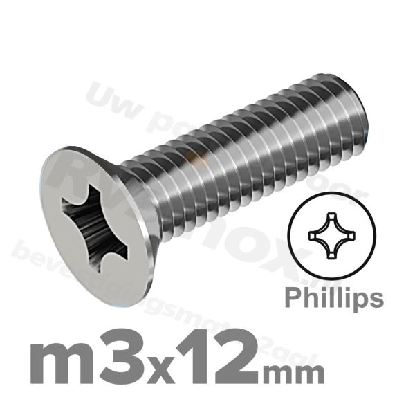 RVS verzonken schroef M3x12mm DIN 965 H A2 | Rvsinox.nl