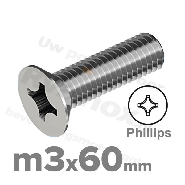 RVS verzonken schroef M3x60mm DIN 965 H A2 | Rvsinox.nl