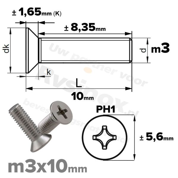 RVS verzonken schroef M3x10mm DIN 965 H A2 | Rvsinox.nl