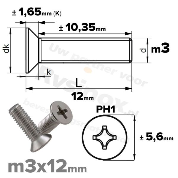 RVS verzonken schroef M3x12mm DIN 965 H A2 | Rvsinox.nl