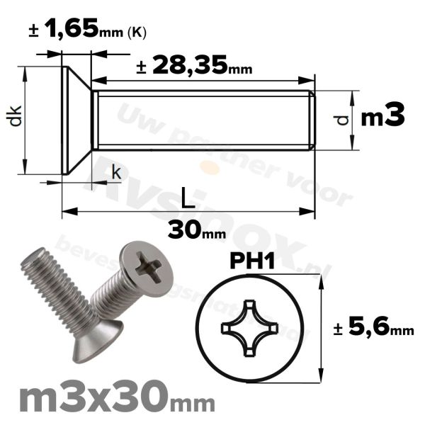 RVS verzonken schroef M3x30mm DIN 965 H A2 | Rvsinox.nl