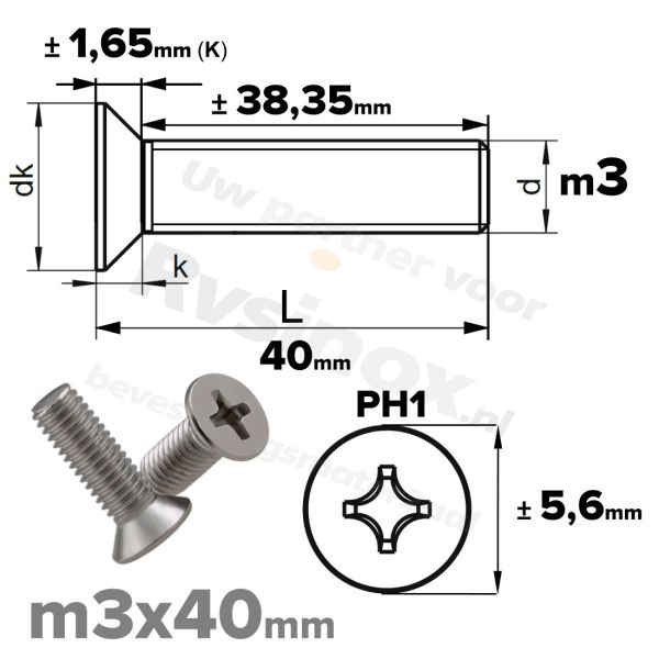 RVS verzonken schroef M3x40mm DIN 965 H A2 | Rvsinox.nl