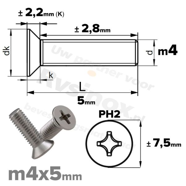 RVS verzonken schroef M4x5mm DIN 965 H A2 | Rvsinox.nl
