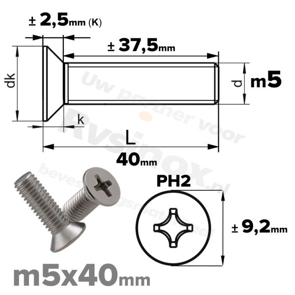 RVS verzonken schroef M5x40mm DIN 965 H A2 | Rvsinox.nl