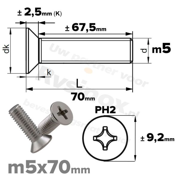 RVS verzonken schroef M5x70mm DIN 965 H A2 | Rvsinox.nl