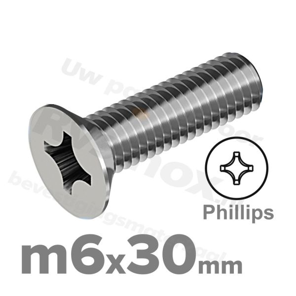 RVS verzonken schroef M6x30mm DIN 965 H A2 | Rvsinox.nl