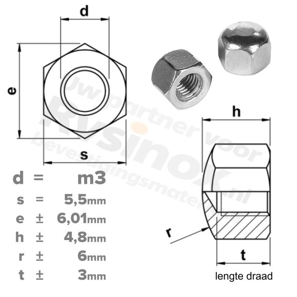 Dopmoer M3 DIN 917 RVS A2 | rvsinox.nl
