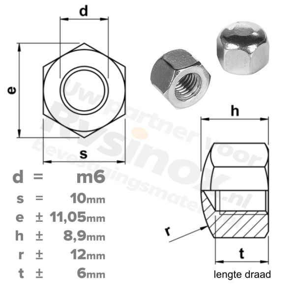 Dopmoer M6 DIN 917 RVS A2 | rvsinox.nl