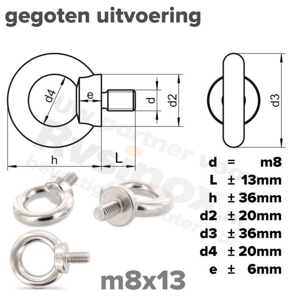Oogbout M8 art. 580 RVS A2 | rvsinox.nl