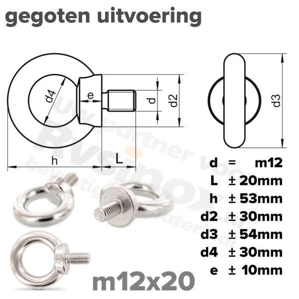 Oogbout M12 art. 580 RVS A2 | rvsinox.nl